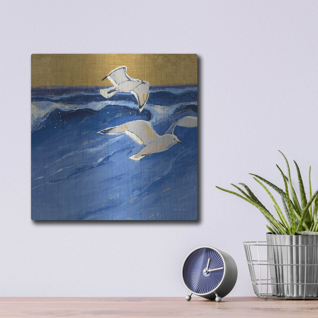 'Seagulls With Gold Sky 3' by Shirley Novak – Metal Wall Art, 12x12 room view