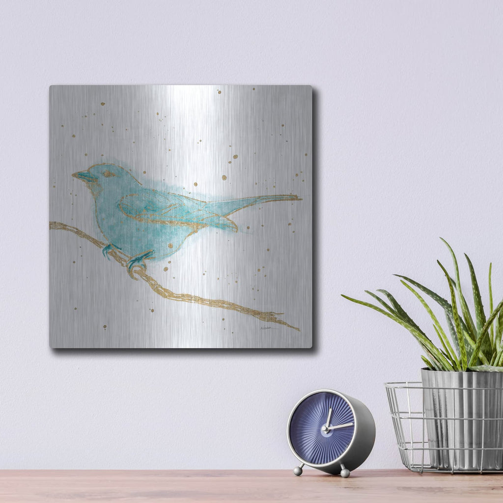 'Gilded Bird 1 Teal' by Shirley Novak – Metal Wall Art, 12x12 room view