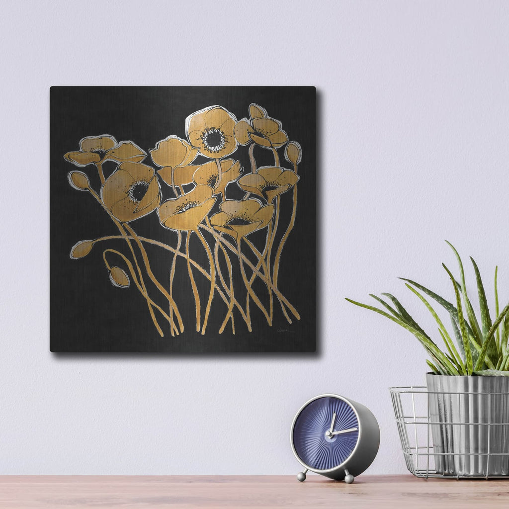 'Gold Black Line Poppies 1 V2' by Shirley Novak – Metal Wall Art, 12x12 room view
