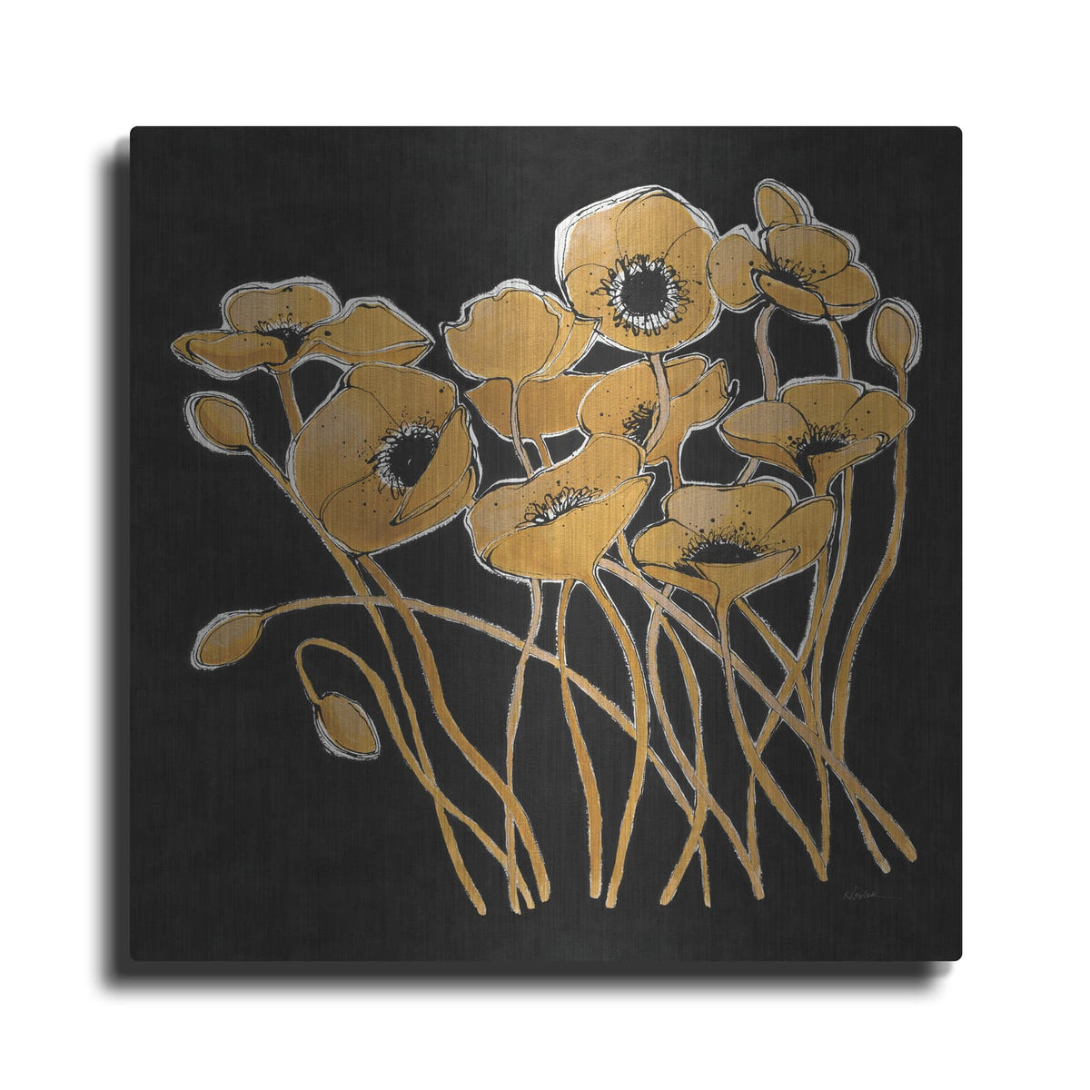 'Gold Black Line Poppies 1 V2' by Shirley Novak – Metal Wall Art