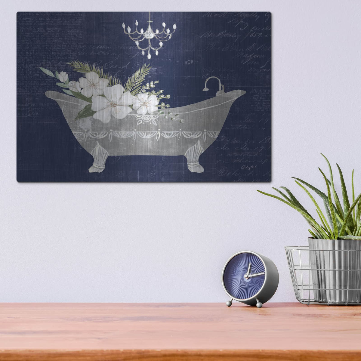 'Floral Bath 1 Indigo' by Courtney Prahl – Metal Wall Art, 16x12 room view