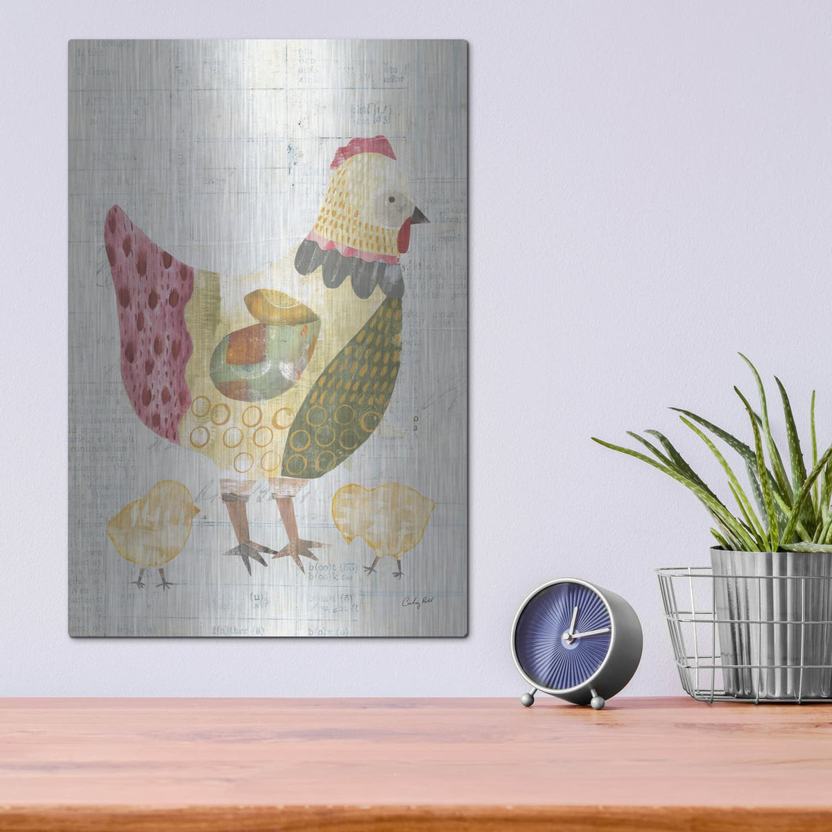 'Patchwork Chickens 3' by Courtney Prahl – Metal Wall Art, 12x16 room view