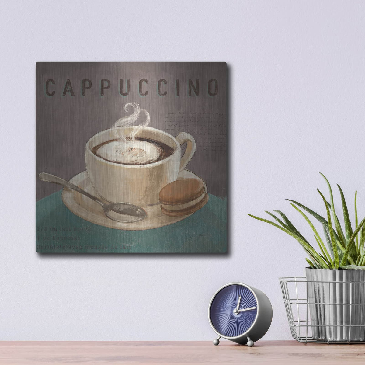 'Coffee And Co 1 Teal And Gray' by Janelle Penner – Metal Wall Art, 12x12 room view