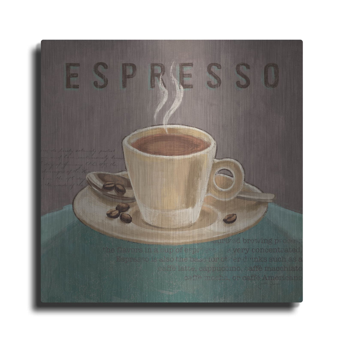 'Coffee And Co 3 Teal And Gray' by Janelle Penner – Metal Wall Art