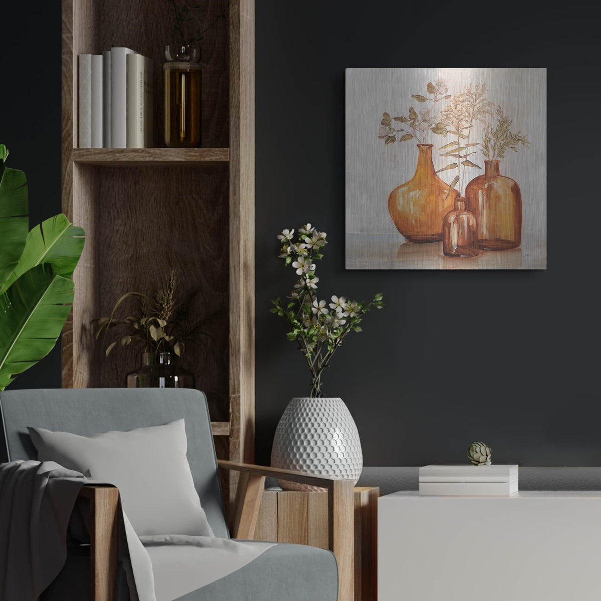 'Amber Autumn Neutral Flowers' by Julia Purinton – Metal Wall Art, 24x24 room view