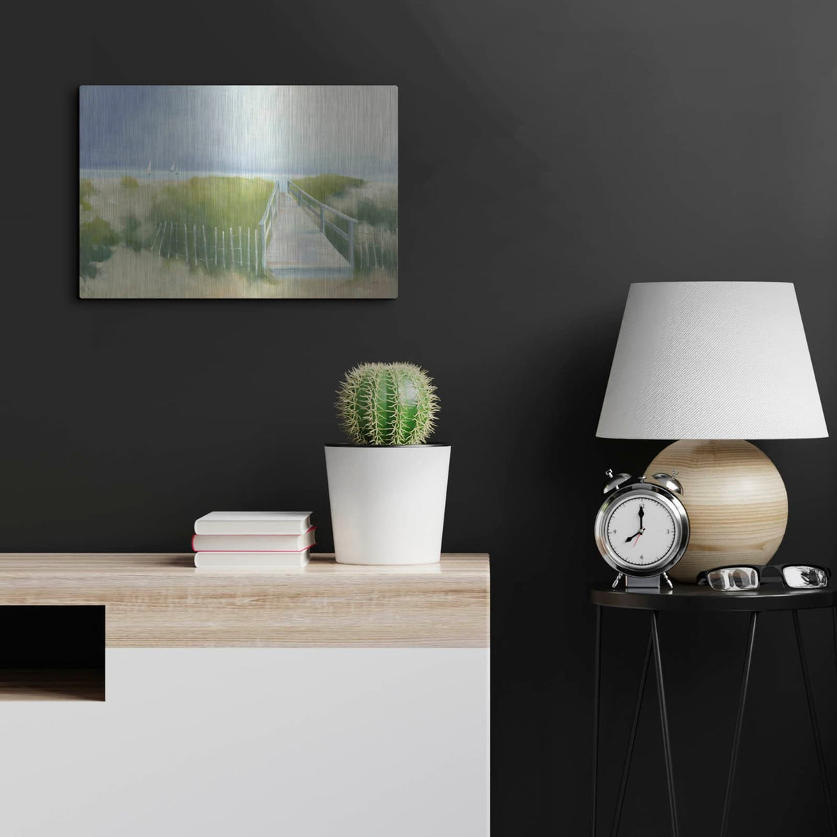 'Beach Walk With Boats' by Julia Purinton – Metal Wall Art, 24x16 room view