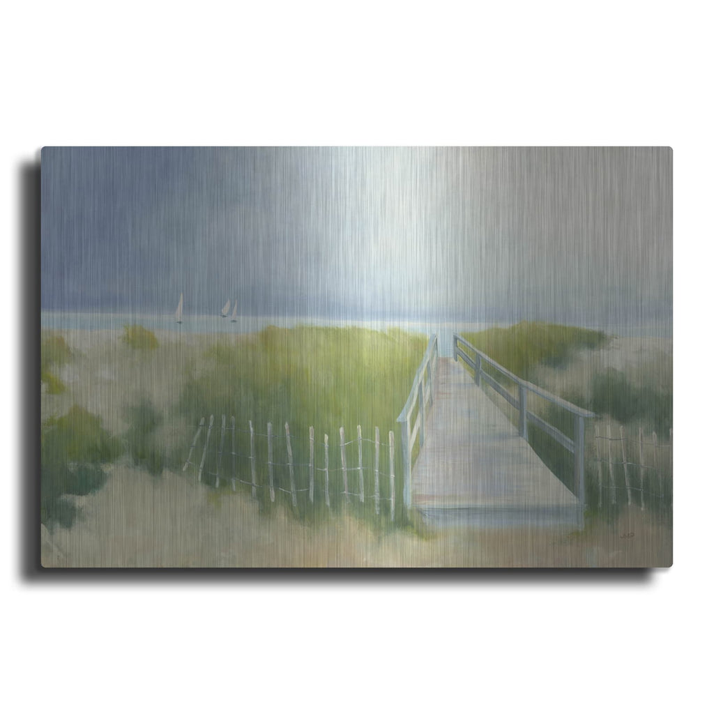 'Beach Walk With Boats' by Julia Purinton – Metal Wall Art