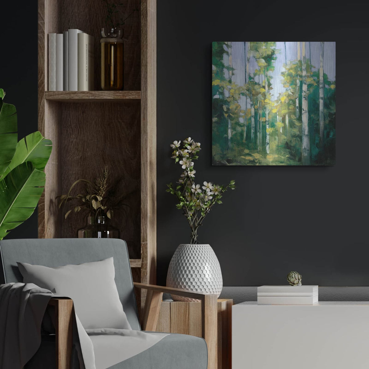 'Birches' by Julia Purinton – Metal Wall Art, 24x24 room view