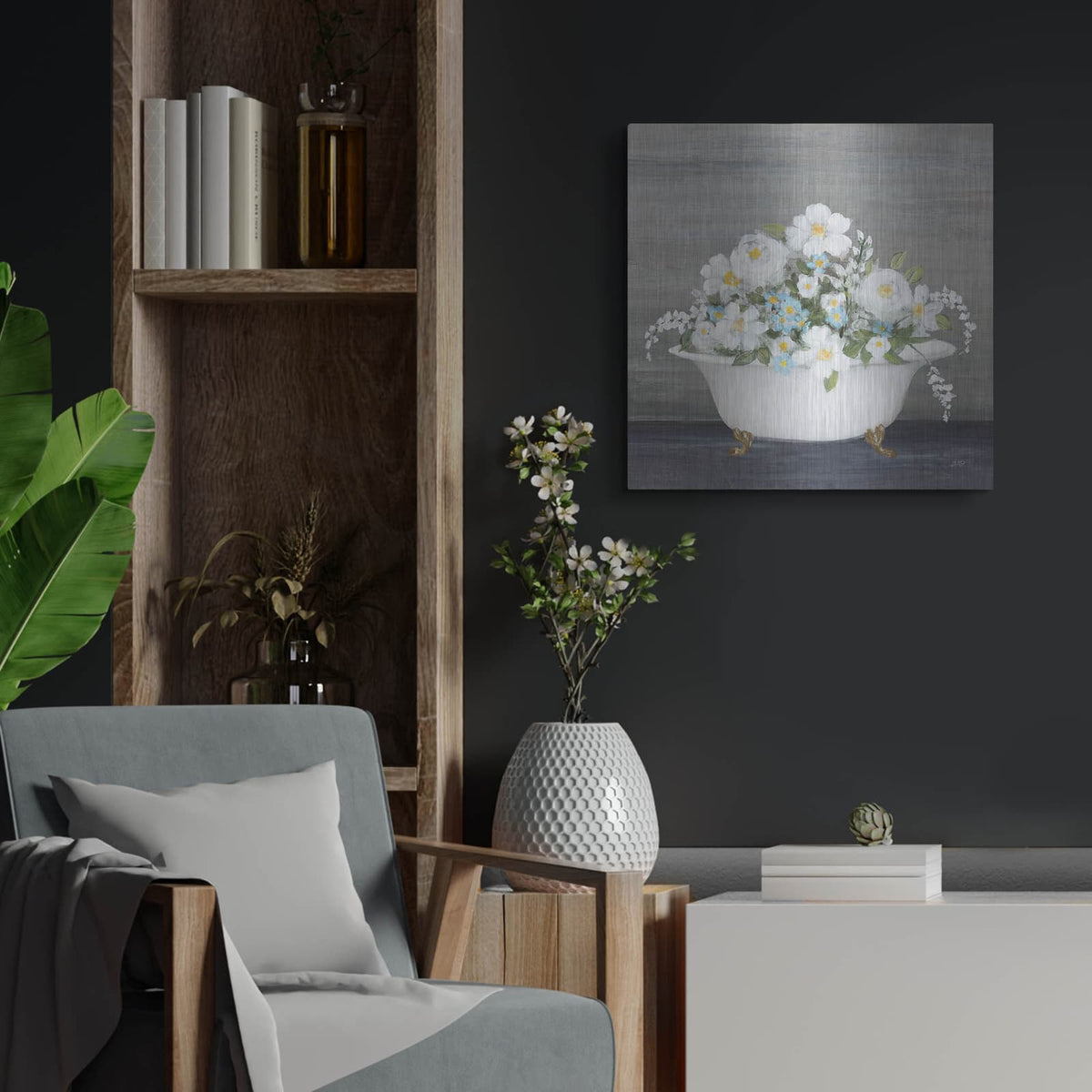 'Floral Bath' by Julia Purinton – Metal Wall Art, 24x24 room view
