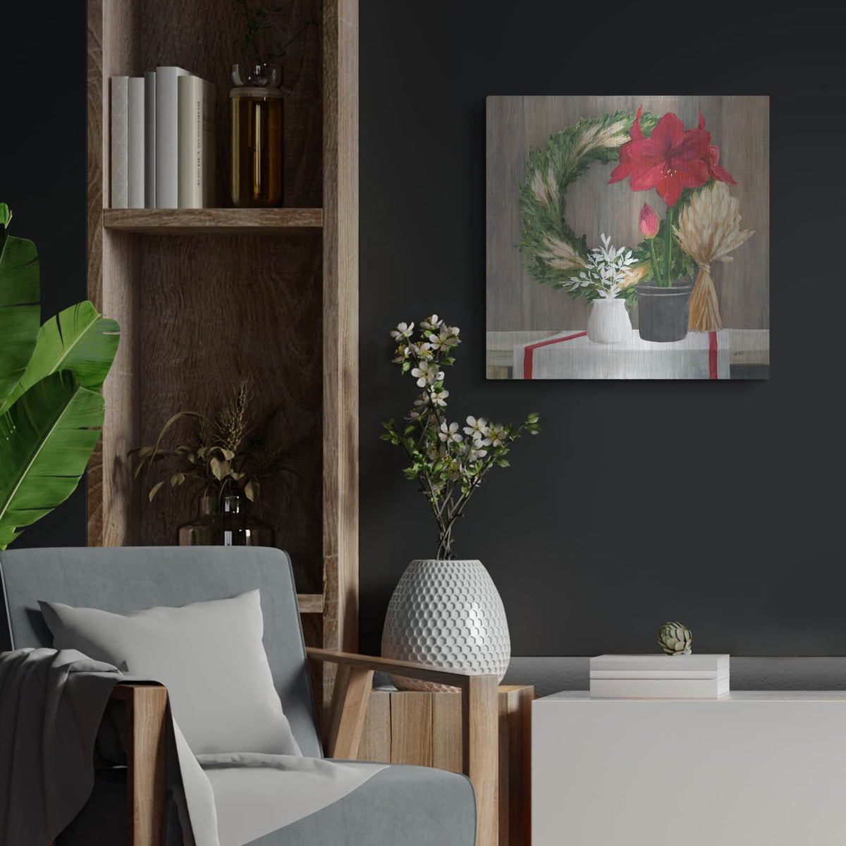 'Blooms Of The Season Dark' by Julia Purinton – Metal Wall Art, 24x24 room view