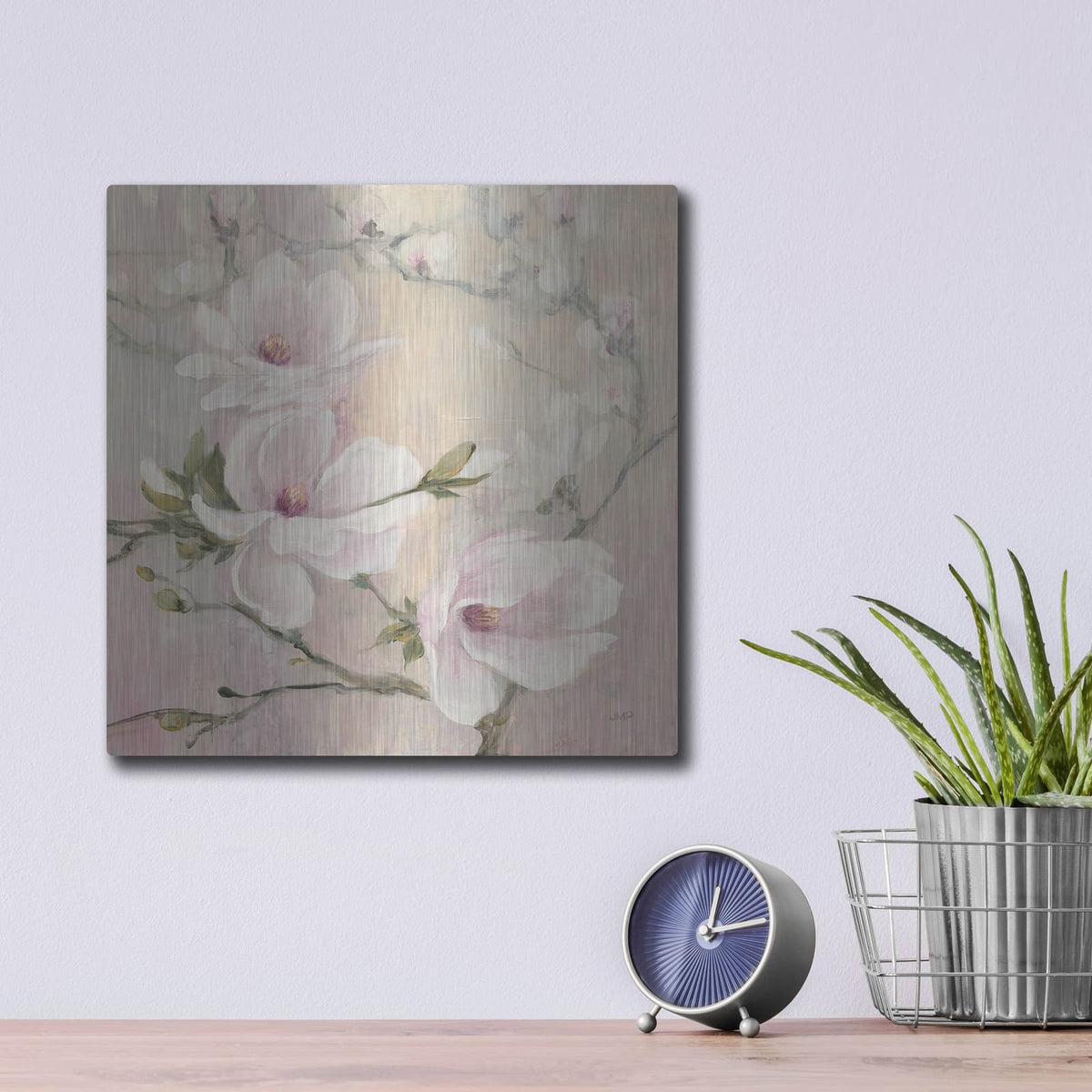 'Blushing Magnolias' by Julia Purinton – Metal Wall Art, 12x12 room view