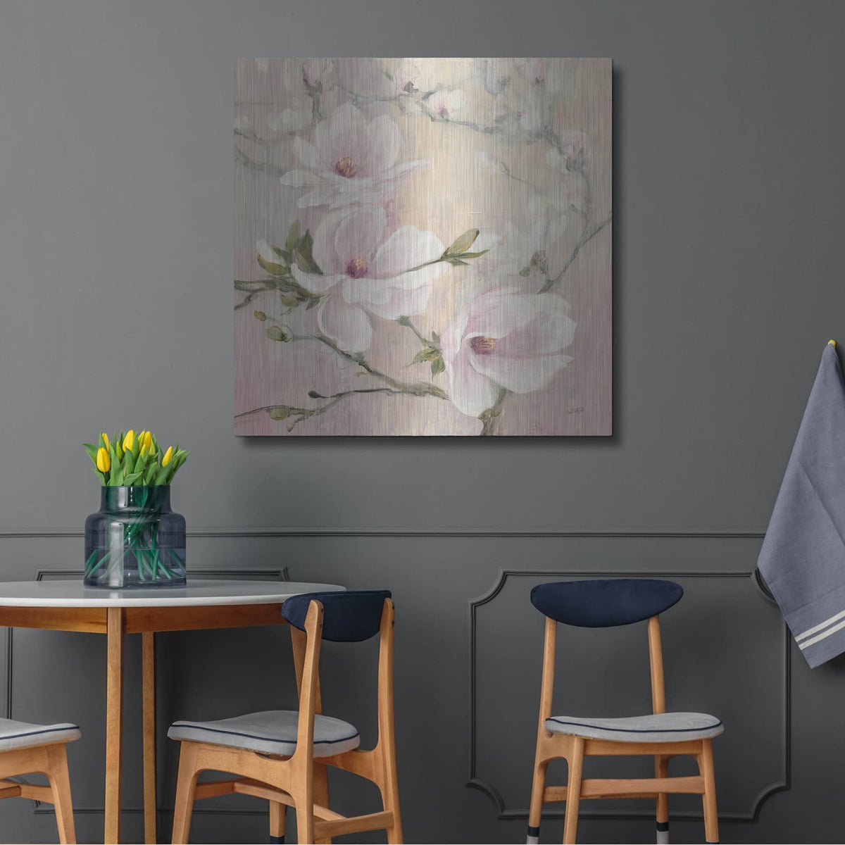 'Blushing Magnolias' by Julia Purinton – Metal Wall Art, 36x36 room view