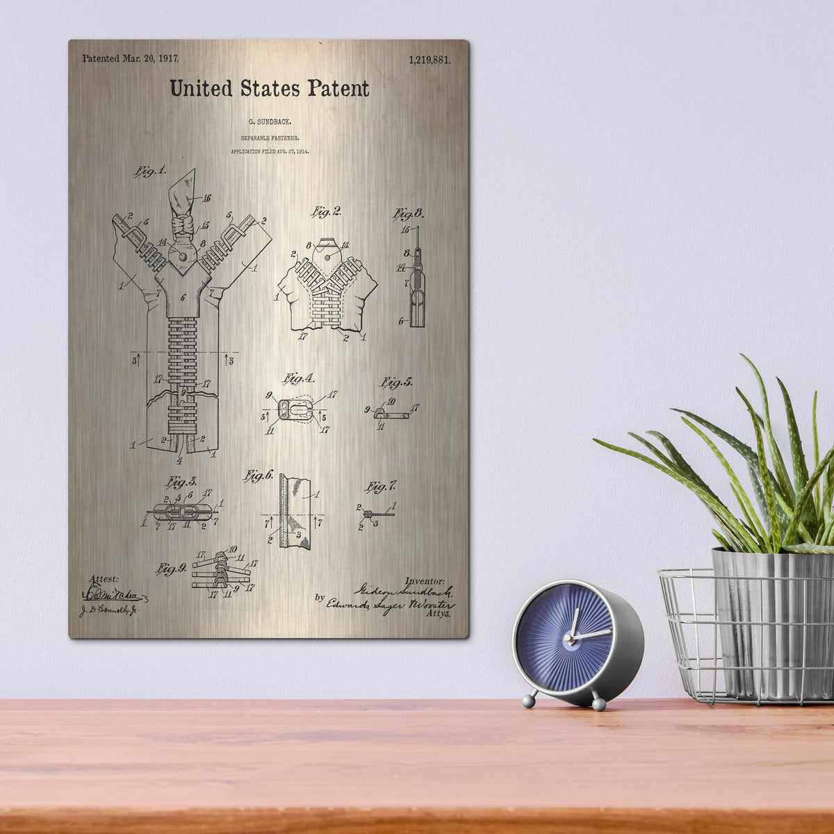 'Zipper Blueprint Patent Parchment' – Metal Wall Art, 12x16 room view