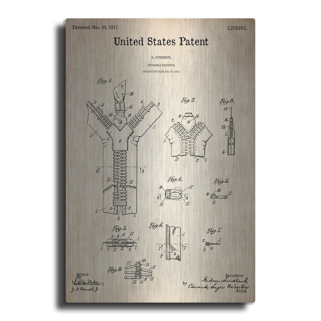 'Zipper Blueprint Patent Parchment' – Metal Wall Art