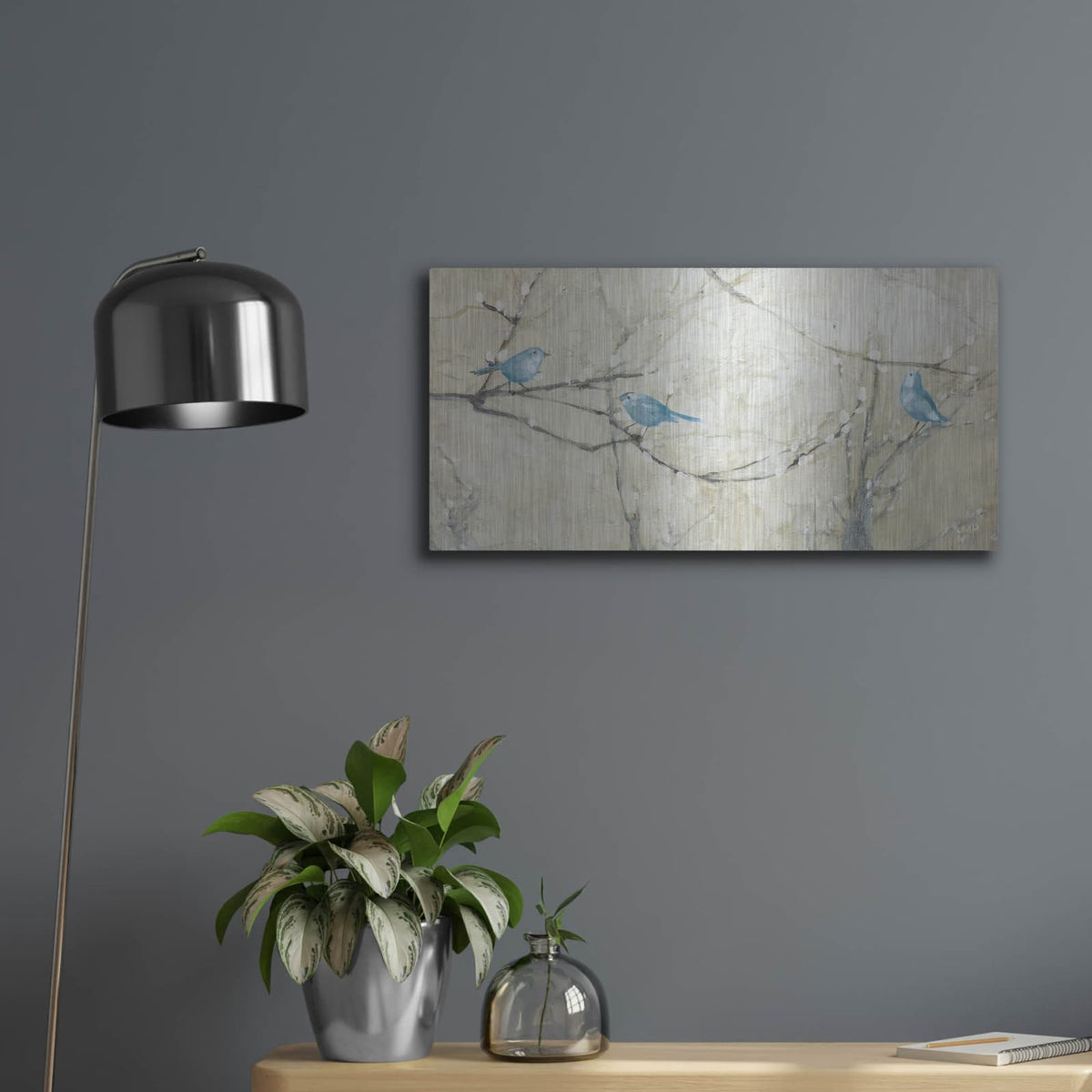 'Budding Pussy Willow With Blue Birds' by Julia Purinton – Metal Wall Art, 24x12 room view