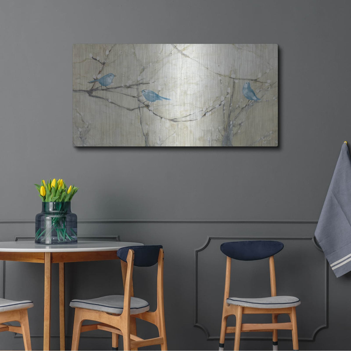'Budding Pussy Willow With Blue Birds' by Julia Purinton – Metal Wall Art, 48x24 room view