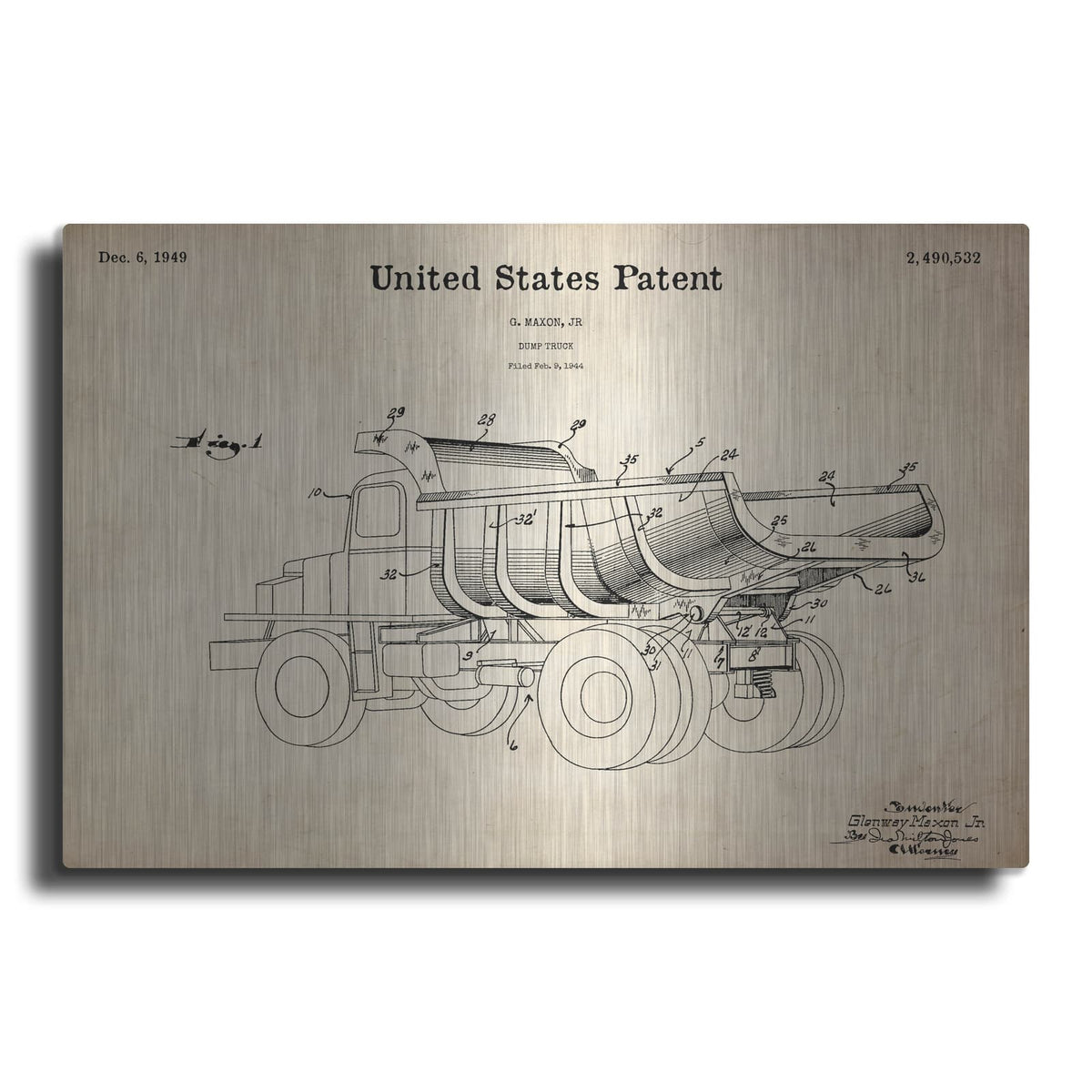 'Dump Truck 1949 Blueprint Patent Parchment' – Metal Wall Art