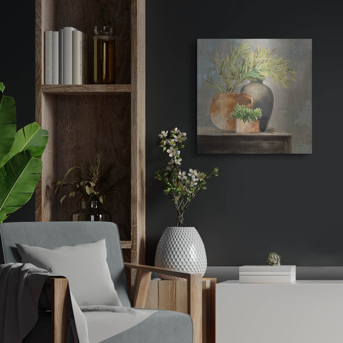 'Calm Still Life 1 Rich' by Julia Purinton – Metal Wall Art, 24x24 room view