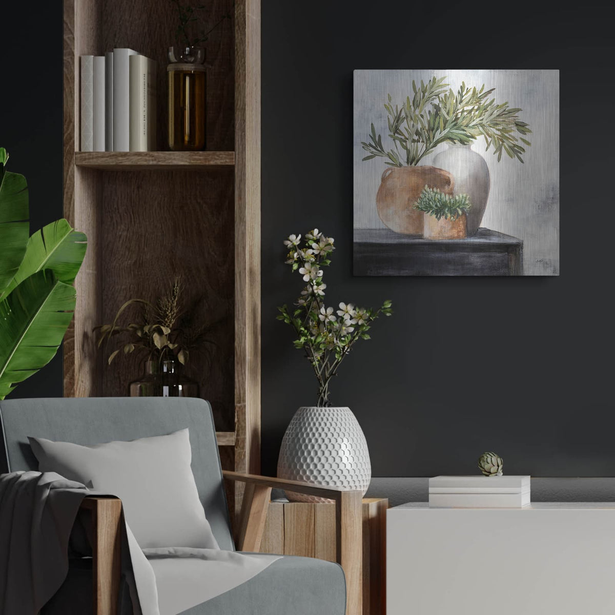 'Calm Still Life Dark 1' by Julia Purinton – Metal Wall Art, 24x24 room view