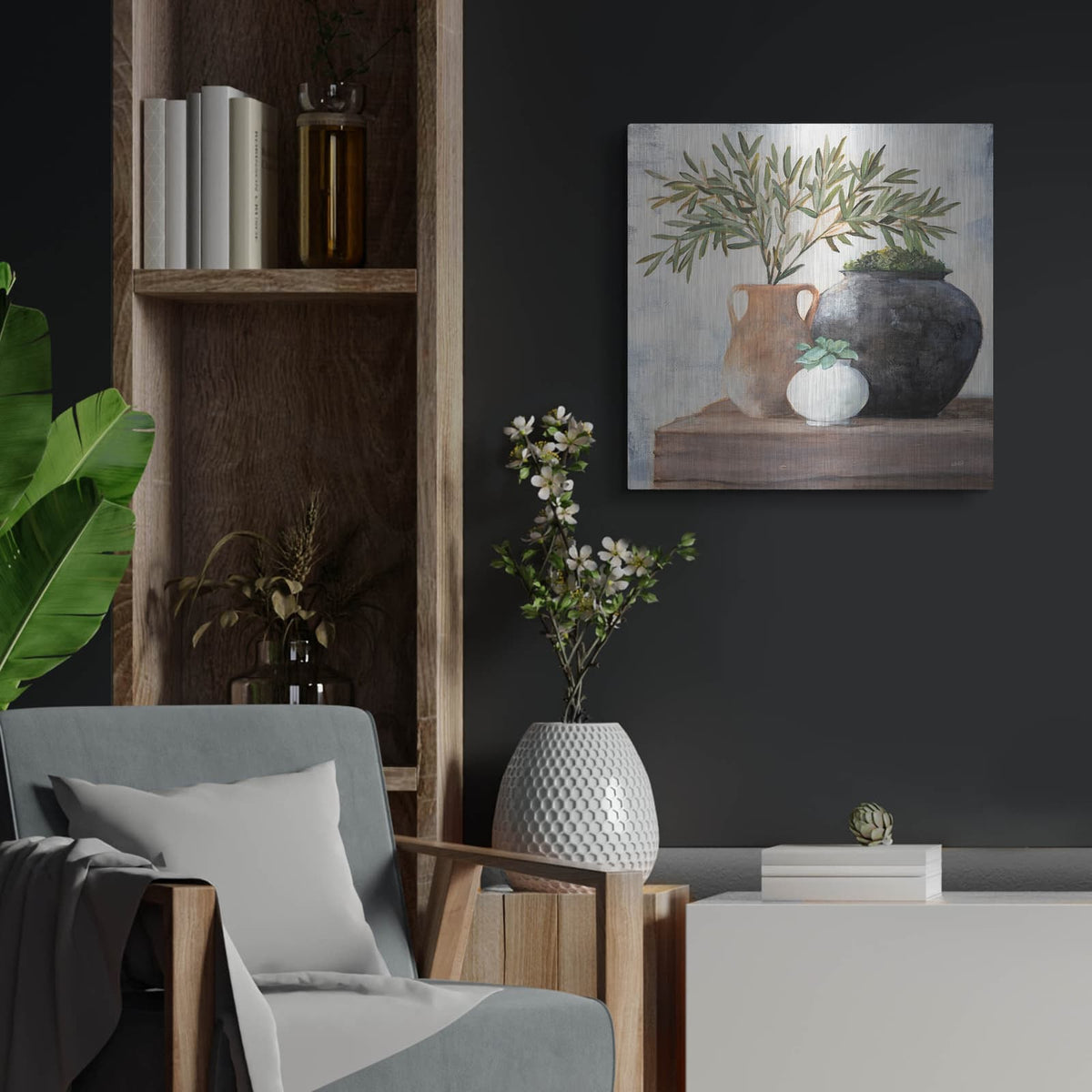 'Calm Still Life Dark 2' by Julia Purinton – Metal Wall Art, 24x24 room view