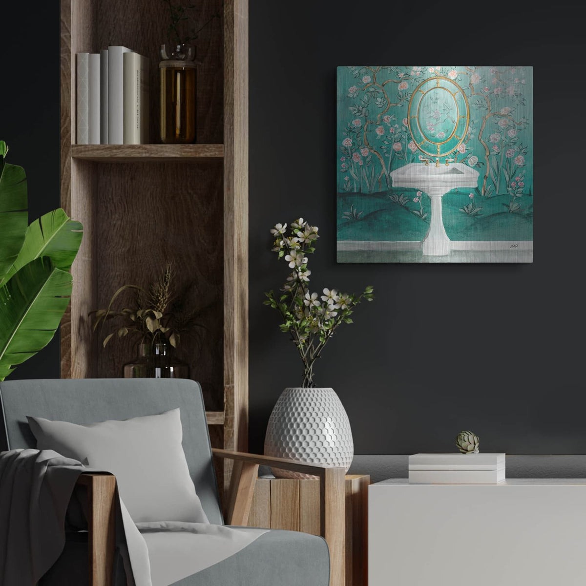 'Chinoiserie Bath 1 Sq' by Julia Purinton – Metal Wall Art, 24x24 room view