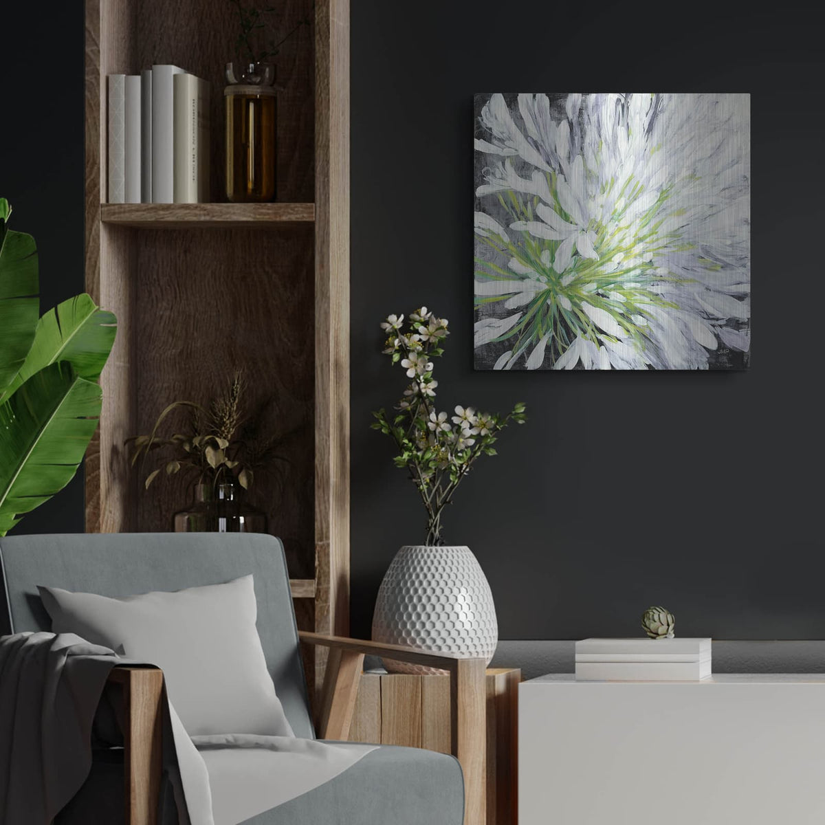 'Cleome Splash 2 Black' by Julia Purinton – Metal Wall Art, 24x24 room view