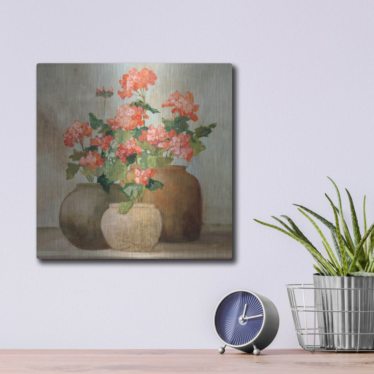 'Cottage Geraniums 2' by Julia Purinton – Metal Wall Art, 12x12 room view