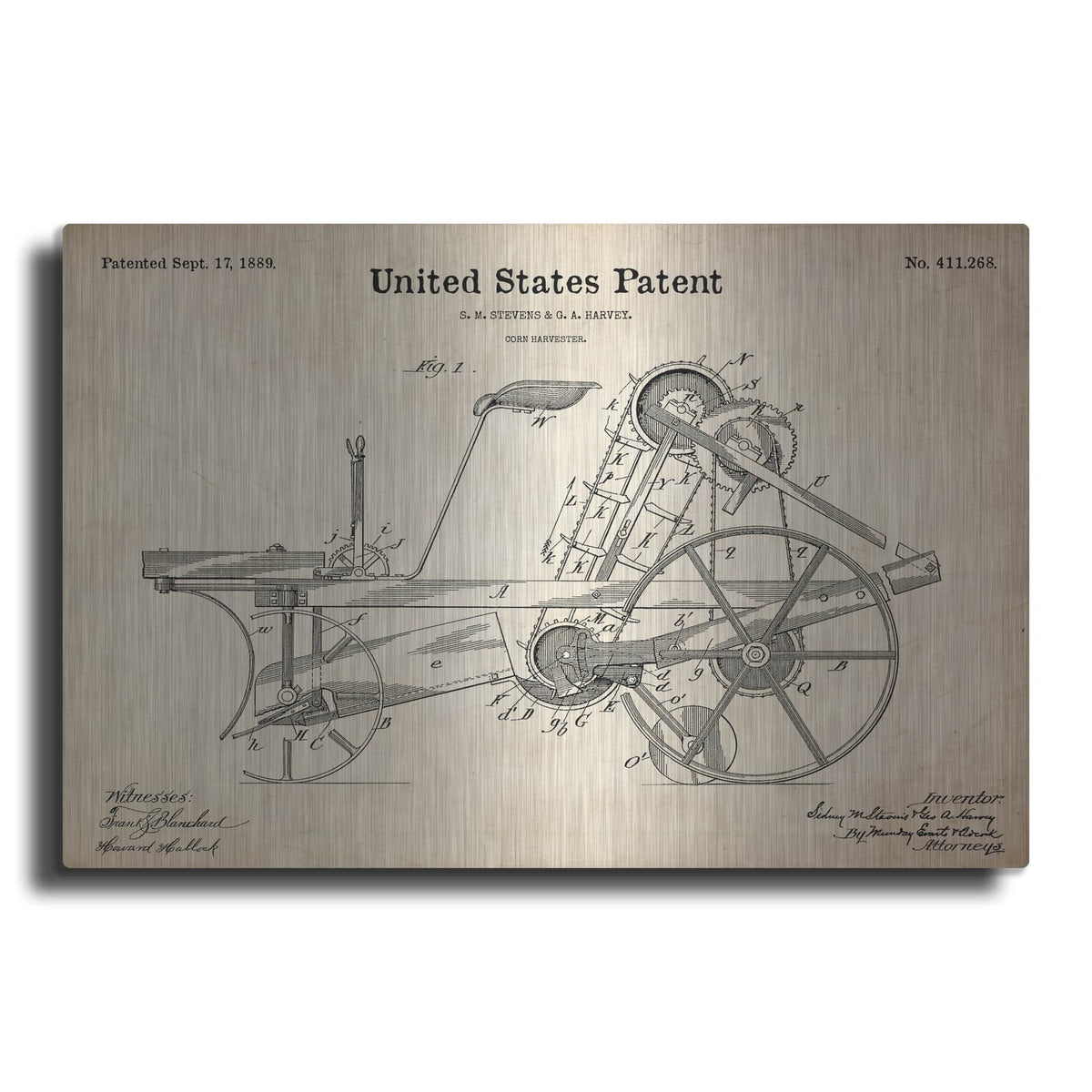 'Corn Harvester Blueprint Patent Parchment' – Metal Wall Art