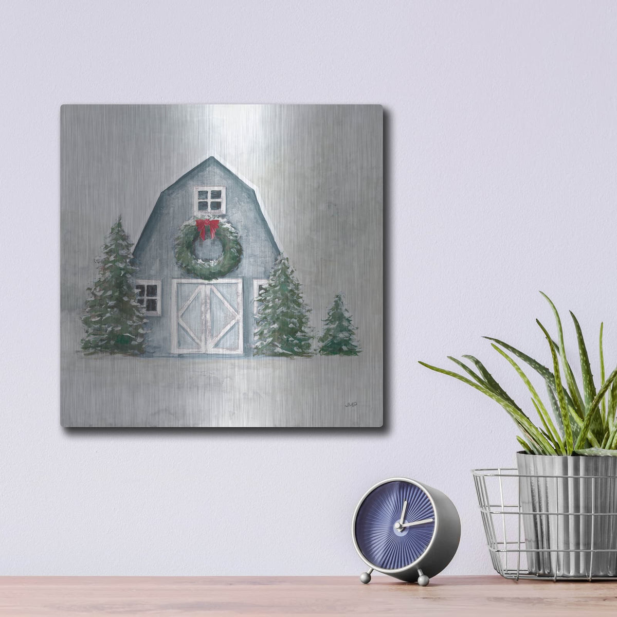 'December Blue Barn' by Julia Purinton – Metal Wall Art, 12x12 room view