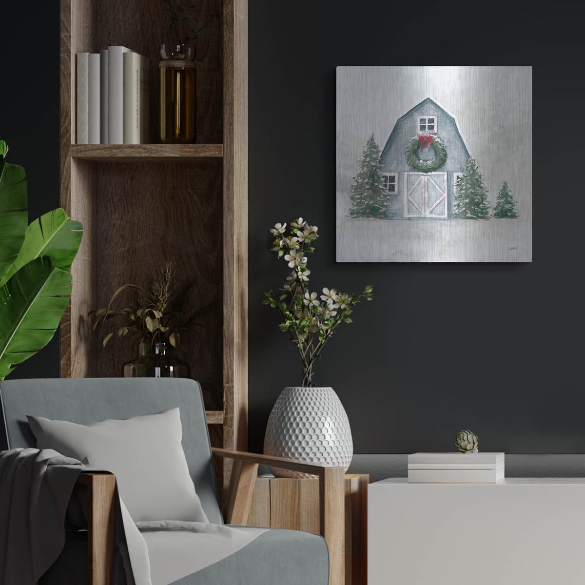 'December Blue Barn' by Julia Purinton – Metal Wall Art, 24x24 room view