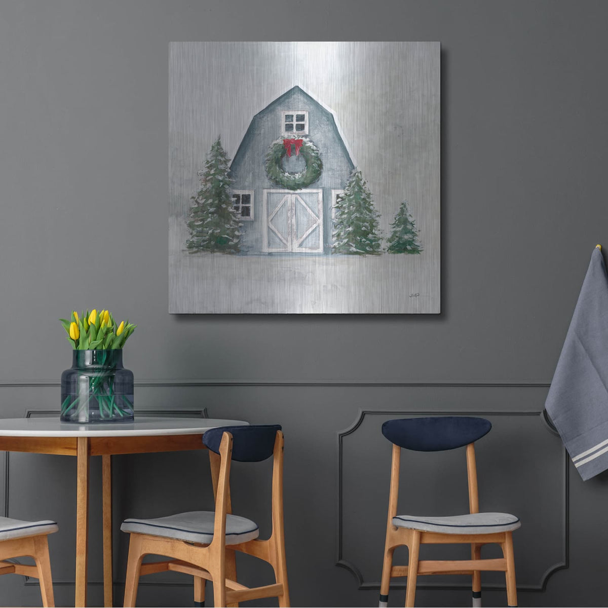 'December Blue Barn' by Julia Purinton – Metal Wall Art, 36x36 room view