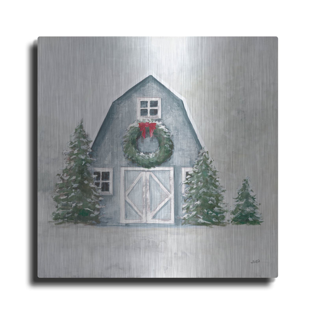 'December Blue Barn' by Julia Purinton – Metal Wall Art