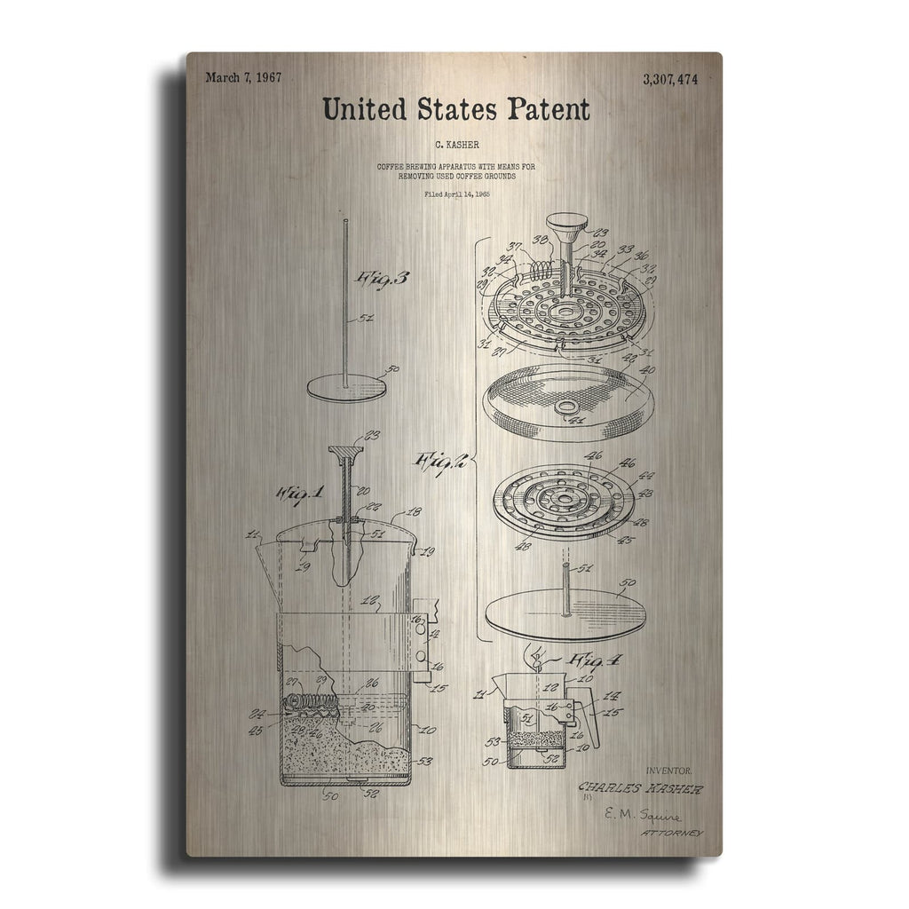 'Coffee Brewer Blueprint Patent Parchment' – Metal Wall Art