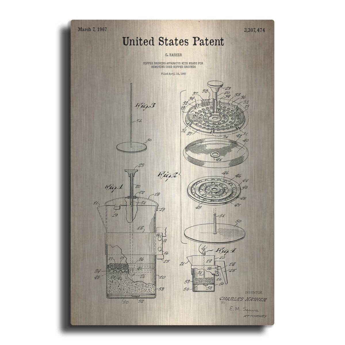 'Coffee Brewer Blueprint Patent Parchment' – Metal Wall Art