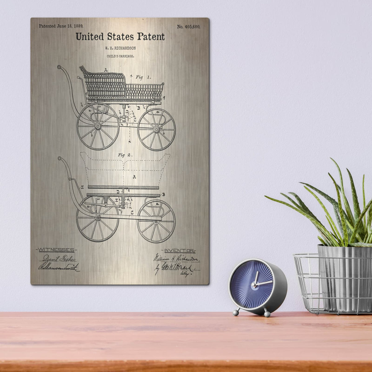 'Baby Carriage Blueprint Patent Parchment' – Metal Wall Art, 12x16 room view