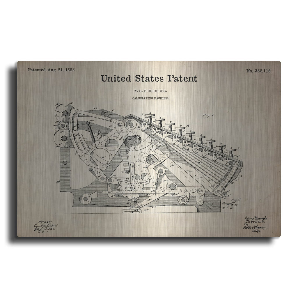 'Calculating Machine Blueprint Patent Parchment' – Metal Wall Art