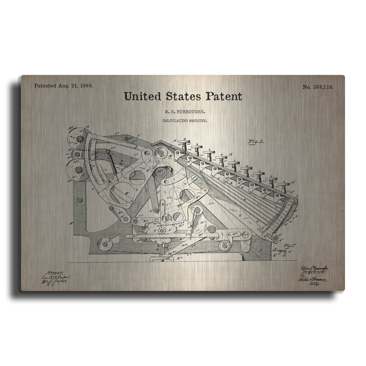 'Calculating Machine Blueprint Patent Parchment' – Metal Wall Art