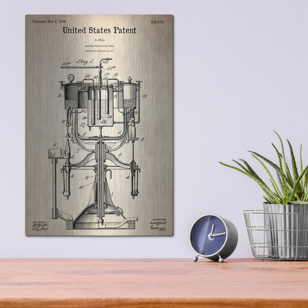 'Beer Bottling Machine Blueprint Patent Parchment' – Metal Wall Art, 12x16 room view