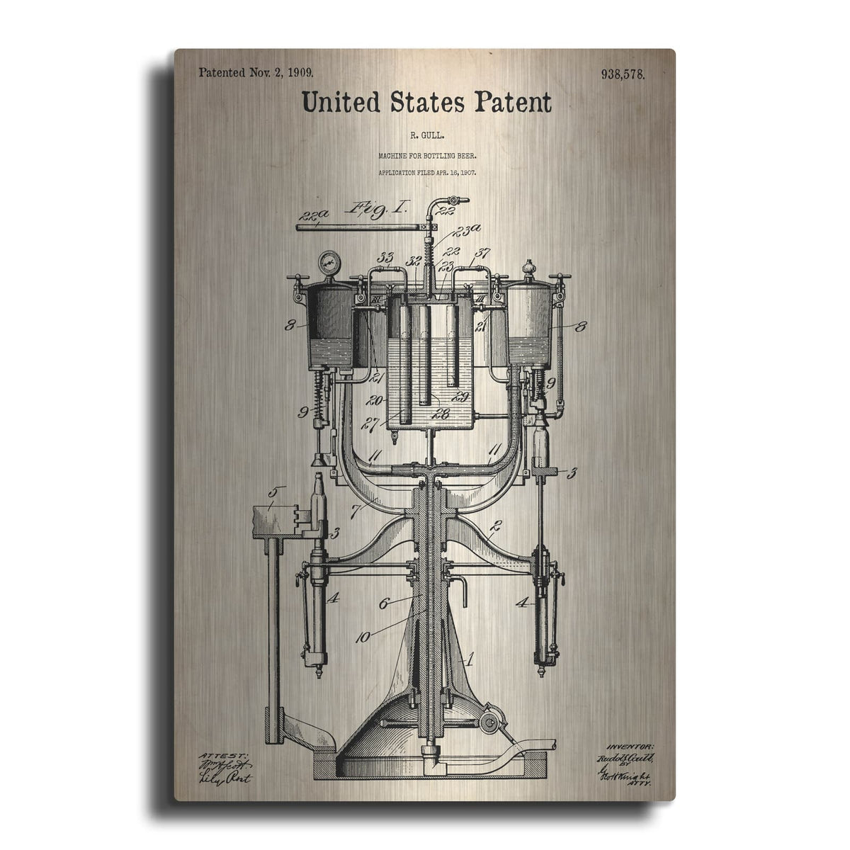 'Beer Bottling Machine Blueprint Patent Parchment' – Metal Wall Art