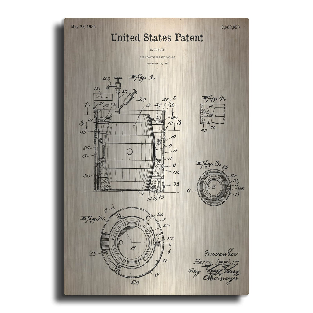 'Beer Container and Cooler Blueprint Patent Parchment' – Metal Wall Art