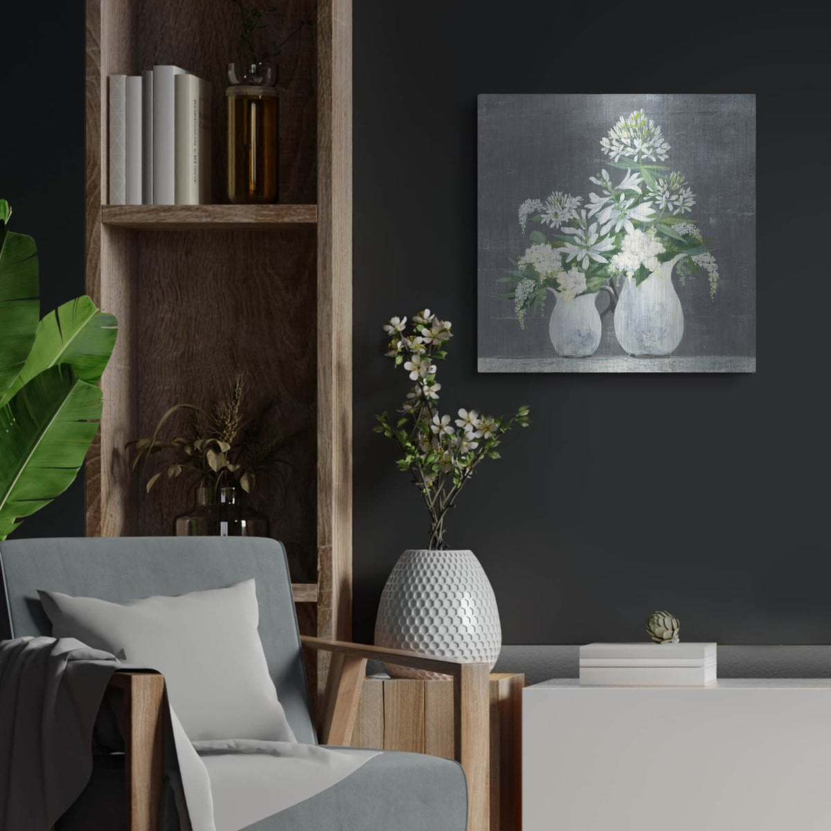 'Later Summer Bouquet 3 White Vase' by Julia Purinton – Metal Wall Art, 24x24 room view