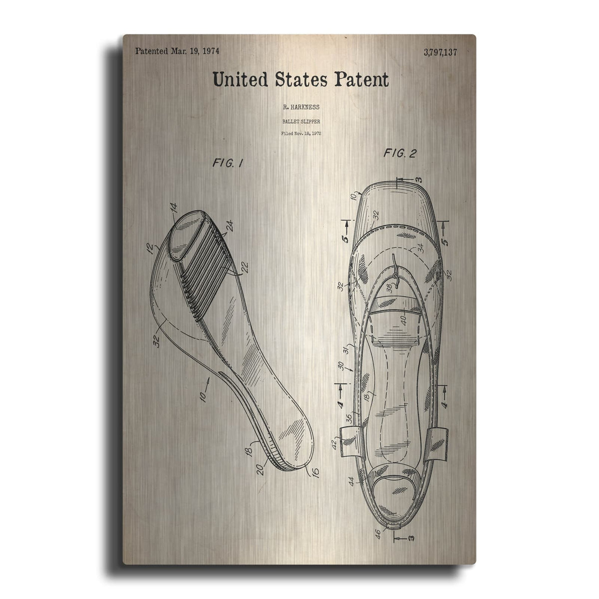 'Ballet Slippers Blueprint Patent Parchment' – Metal Wall Art