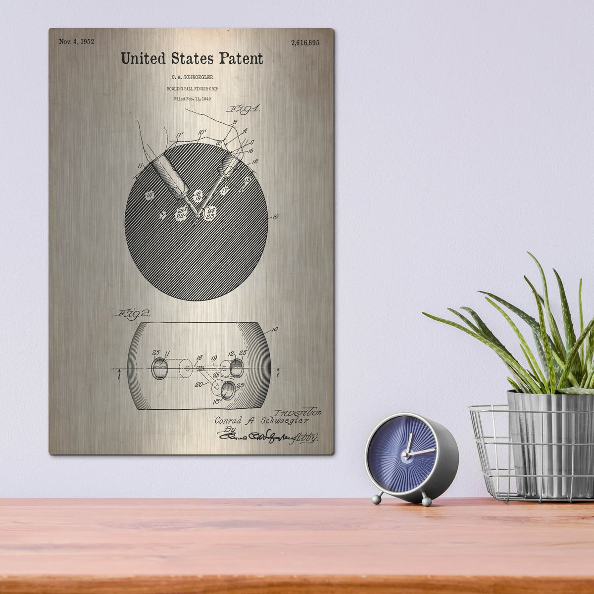 'Bowling Ball Finger Grip Blueprint Patent Parchment' – Metal Wall Art, 12x16 room view