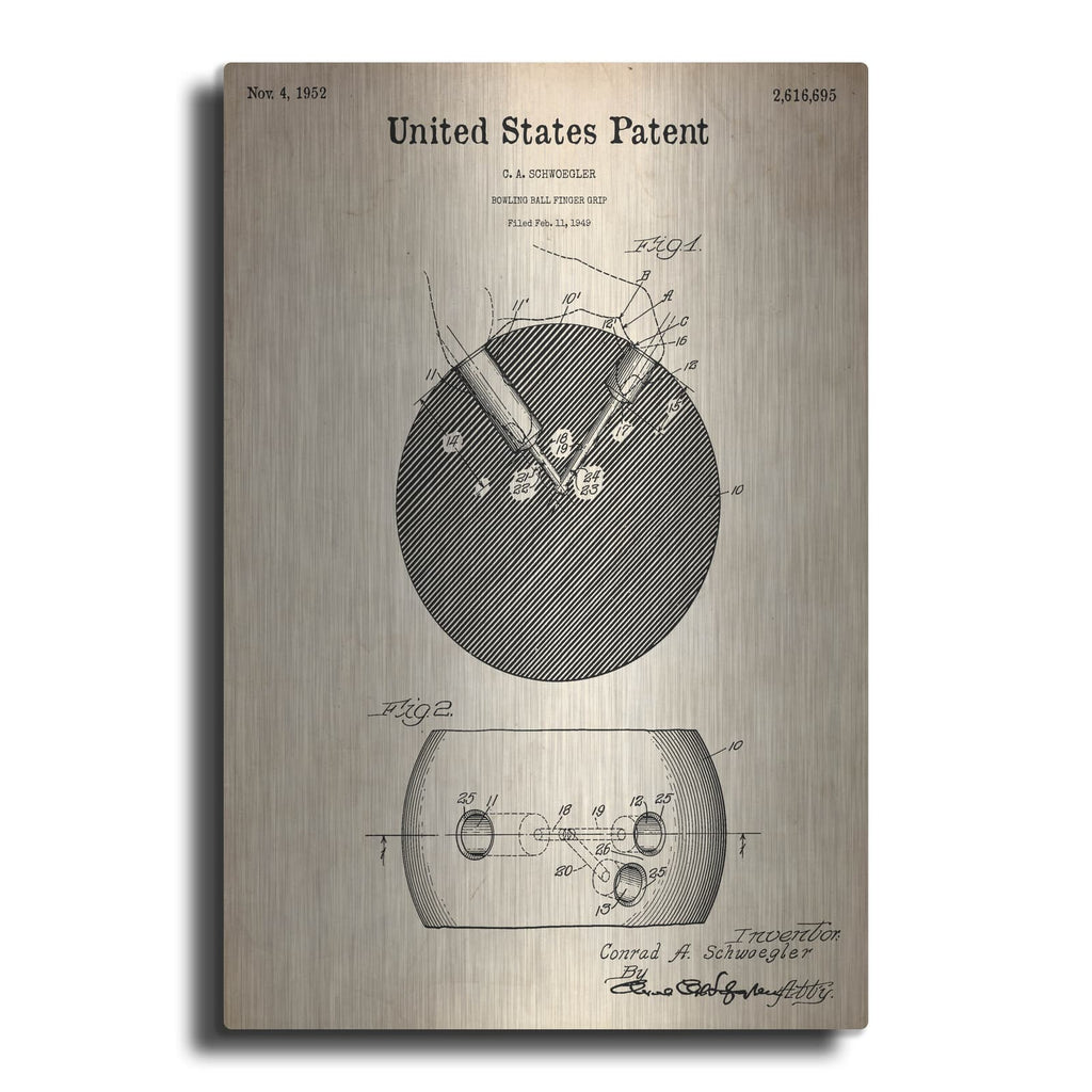 'Bowling Ball Finger Grip Blueprint Patent Parchment' – Metal Wall Art