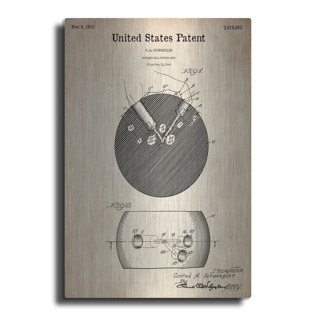 'Bowling Ball Finger Grip Blueprint Patent Parchment' – Metal Wall Art