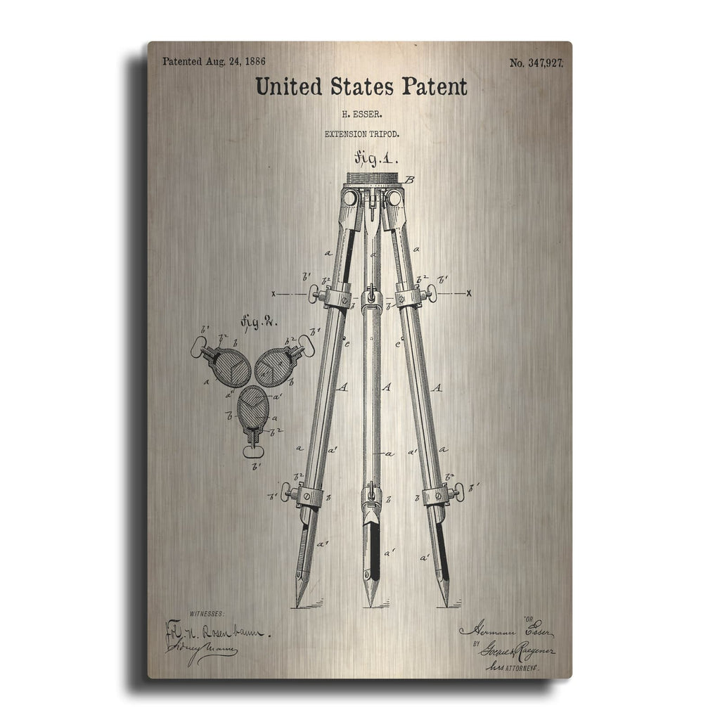 'Camera Tripod Blueprint Patent Parchment' – Metal Wall Art