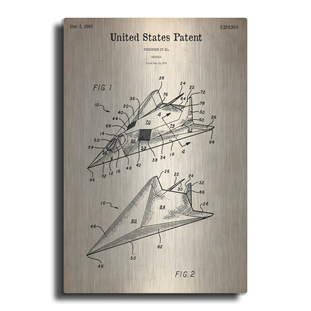 'F-117 Nighthawk Stealth Fighter Blueprint Patent Parchment' – Metal Wall Art
