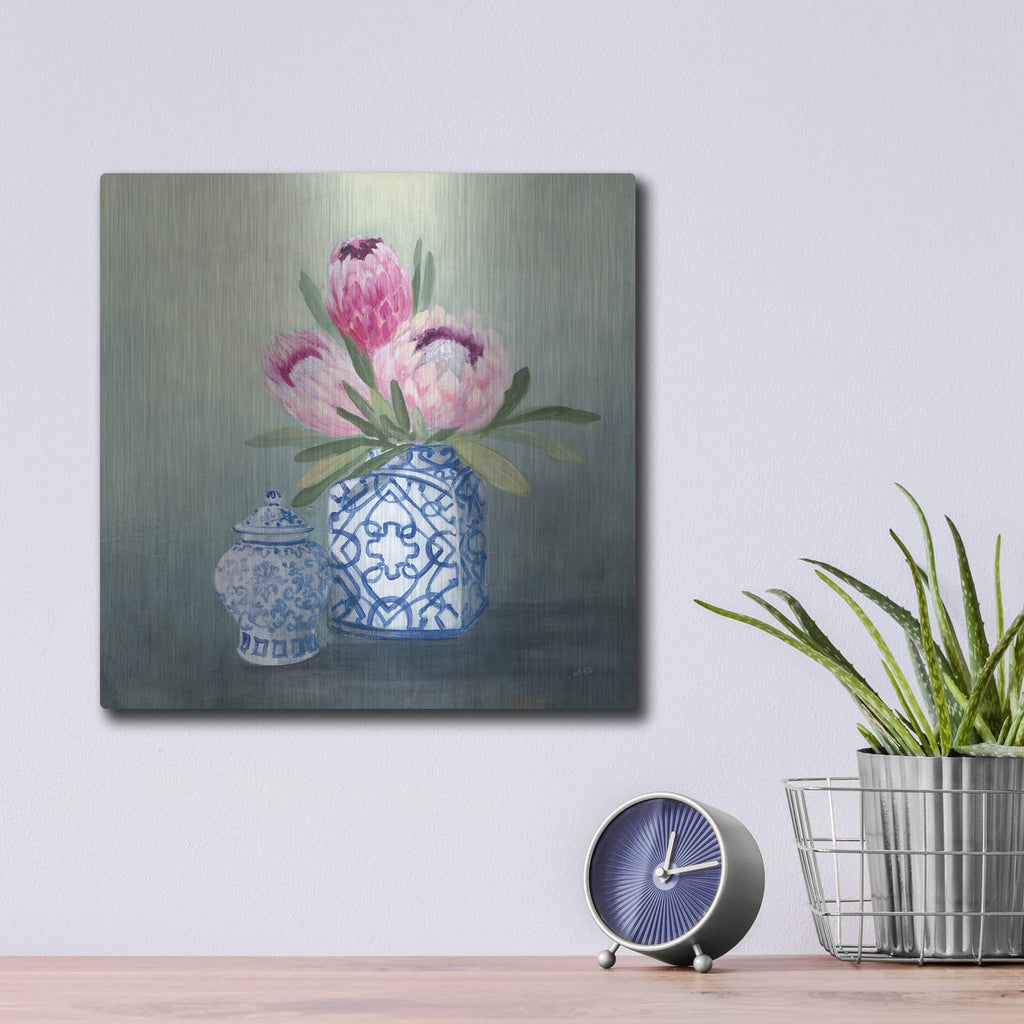 'Protea Chinoiserie 2' by Julia Purinton – Metal Wall Art, 12x12 room view