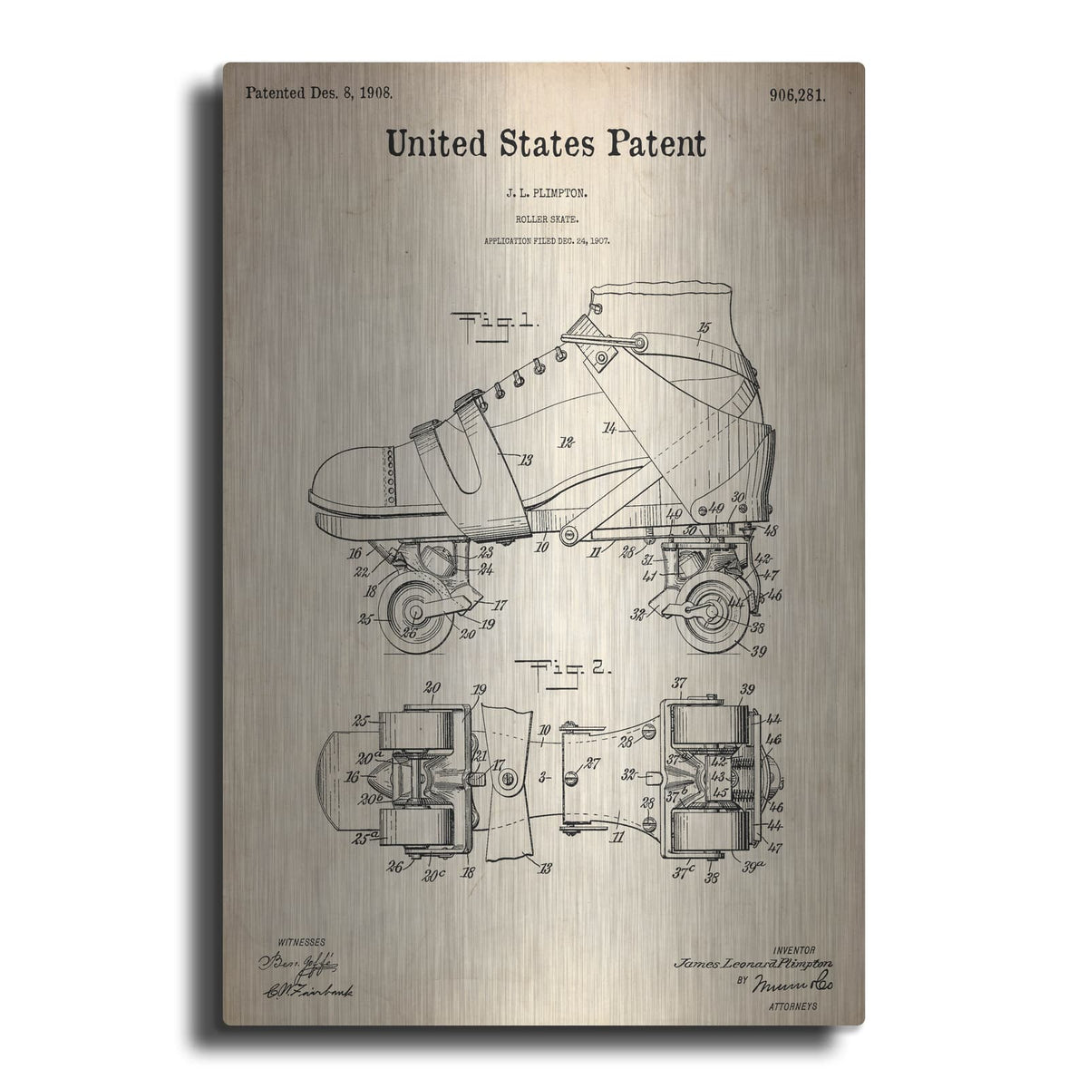 'Roller Skates Blueprint Patent Parchment' – Metal Wall Art