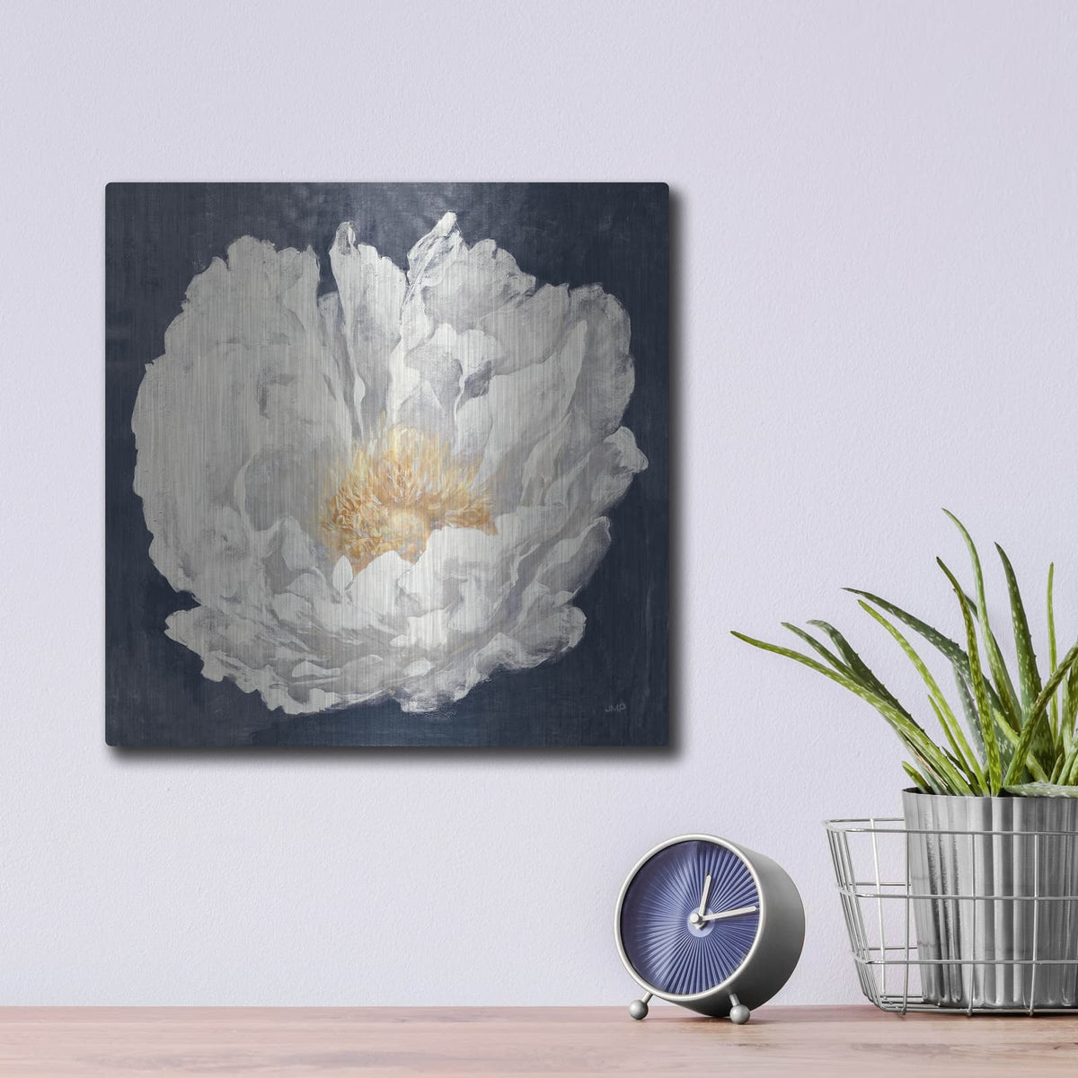 'Serene Peony Navy' by Julia Purinton – Metal Wall Art, 12x12 room view